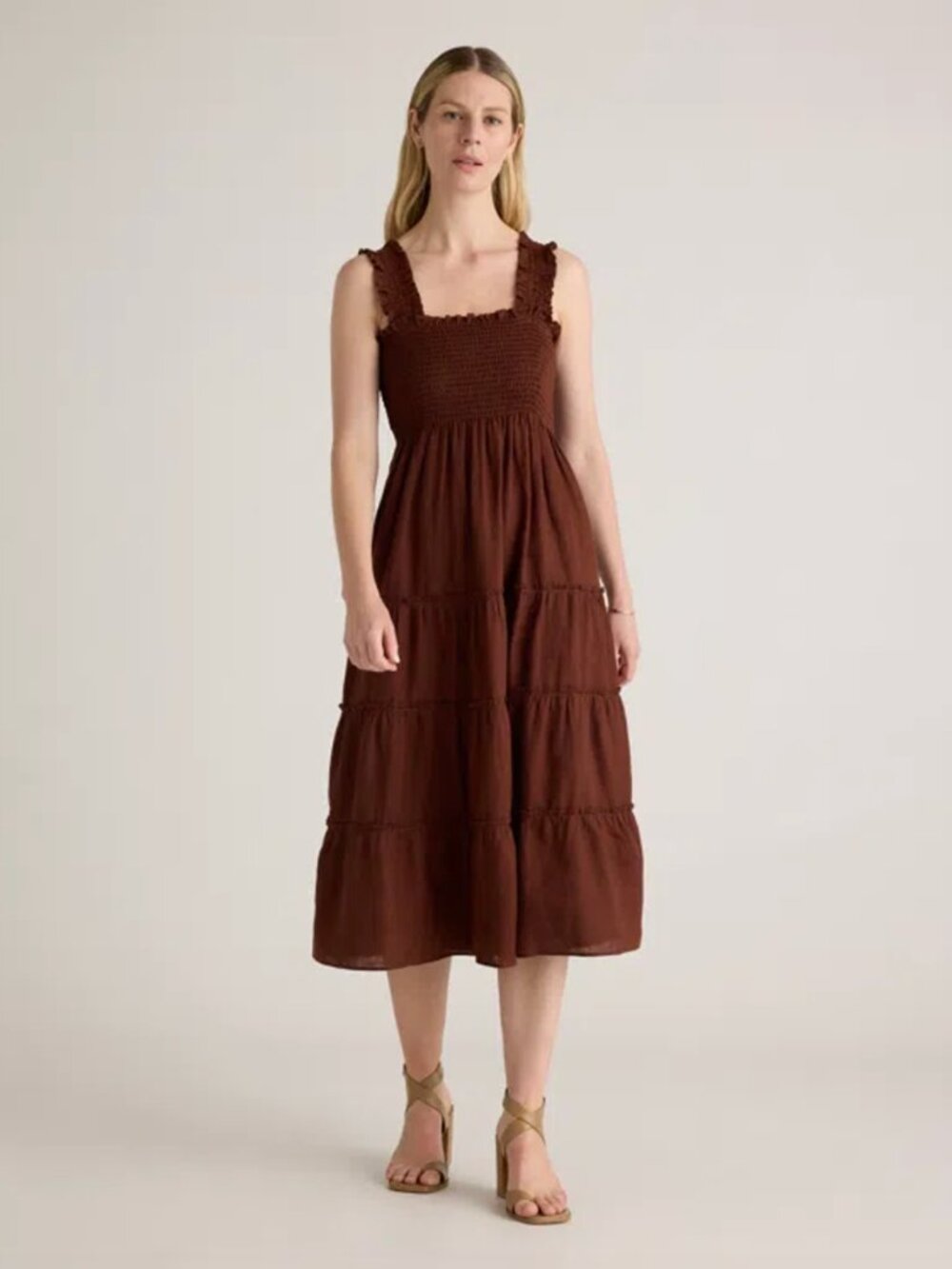 NWT Quince Chocolate Dark Brown European Linen Smocked Tiered Midi Dress